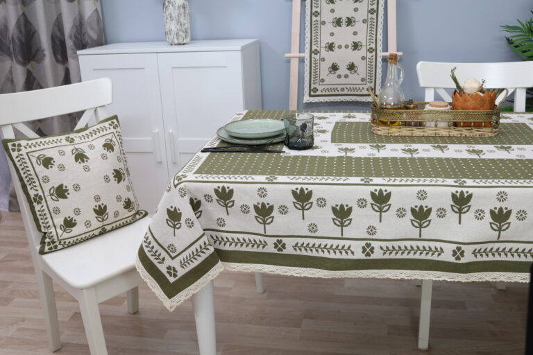 Medvilninė staltiesė žalios tulpės, žakardinio audimo staltiesė su gėlėmis,austa kvadratine staltiese,staciakampe staltiese, stalo dekoras su nerinukais, dovana mamai,