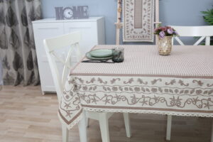 medvilninė staltiesė rudos kriauklės, staltiese su neriniais, staltiese su jurine tematika, jurinis dekoras