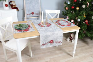 Kalėdinis Stalo takelis Sidabrinis Puansetijų Vainikas, gobelinis stalo takelis, stalo dekoras, kaledinis stalo dekoras, sventinis stalo dekoras