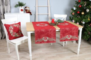 Raudonas Kalėdinis Stalo takelis  Puansetijų Vainikas, gobelinis stalo takelis, stalo dekoras, kaledinis stalo dekoras, sventinis stalo dekoras