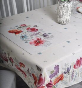 A garden of flowers in a jacquard-woven tablecloth, a tablecloth with flowers, a woven tablecloth