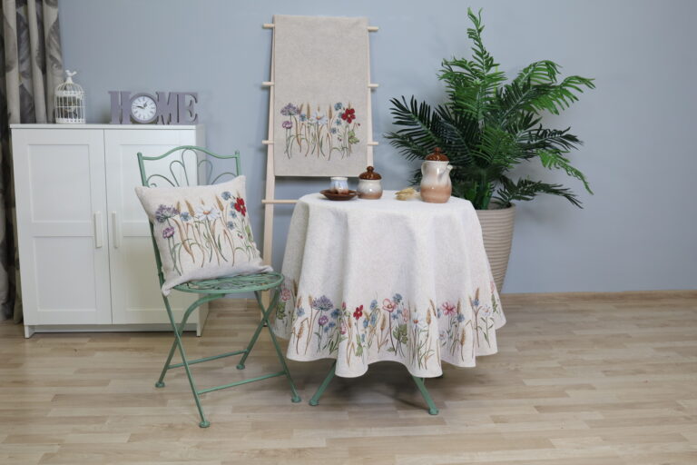 apvali staltiese rugiai 165 cm, gobeleninė staltiese, gėlėta staltiese su lauko gelemis, rugiais, round tapestry table cloth