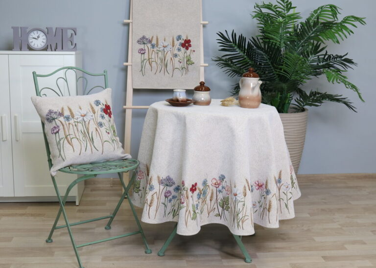 apvali staltiese rugiai 165 cm, gobeleninė staltiese, gėlėta staltiese su lauko gelemis, rugiais, round tapestry table cloth