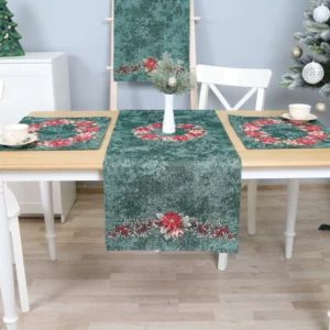Green Christmas Table Runner Poinsettia Wreath